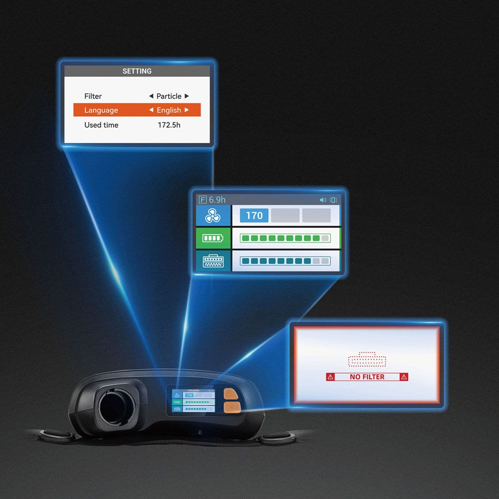 PIP Vanguard G4 PAPR smart LED display showing airflow, battery and filter status