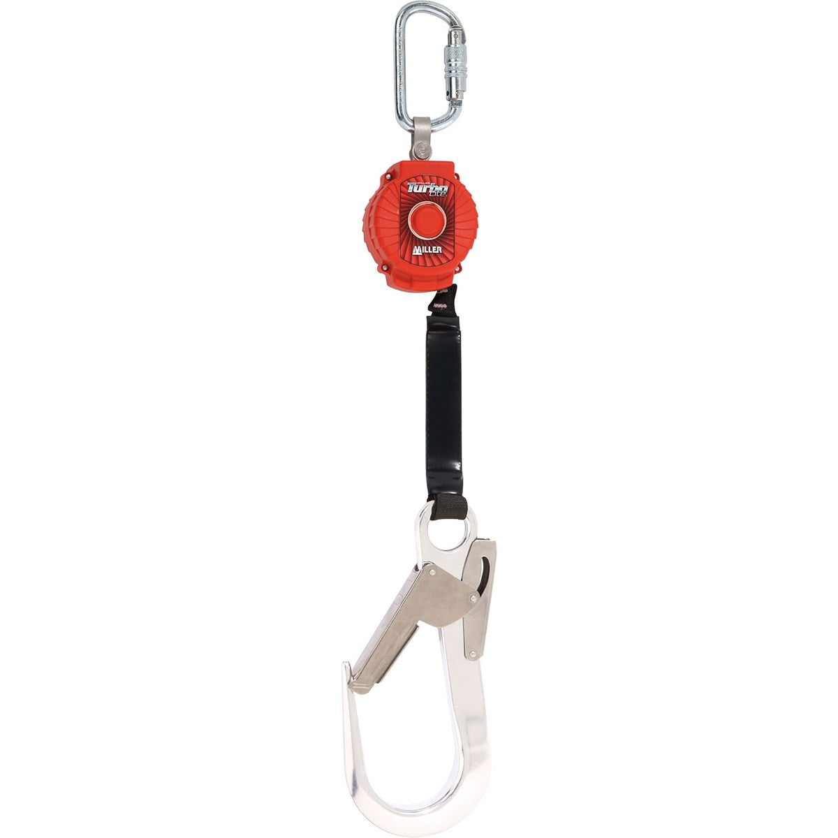 Miller TurboLite 2m Personal Fall Limiter with Twistlock carabiner and scaffold hook - self-retracting webbing lifeline