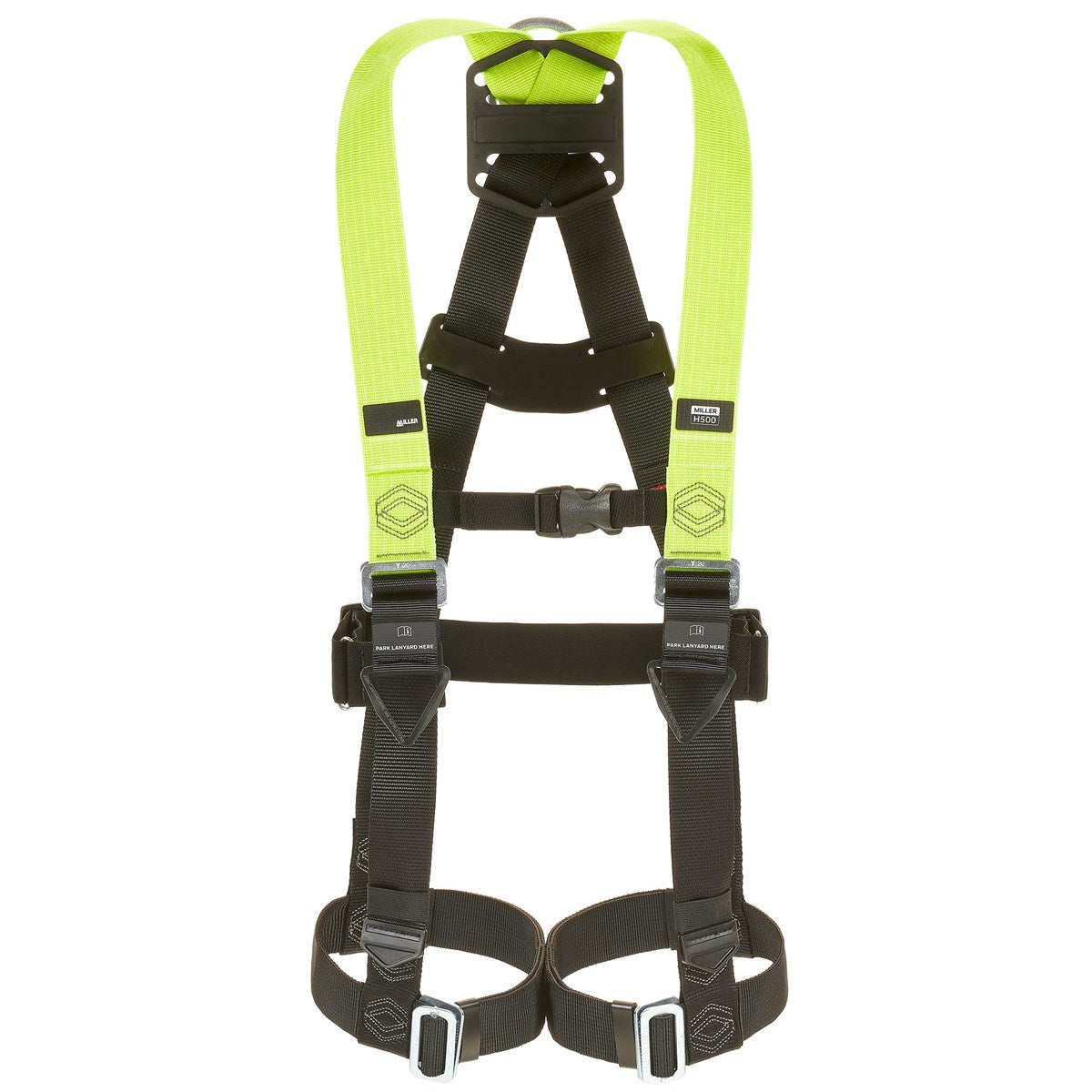 Miller H500 full body safety harness Size 2 – auto-clip leg buckles, mating chest buckle, dorsal D-ring, ergonomic yellow-green and black webbing, EN361:2002 certified fall arrest PPE