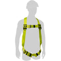 Miller H100 full body safety harness in vibrant yellow-green webbing – 5-point adjustment, steel dorsal D-ring, integrated fall indicator, EN361:2002 certified fall arrest PPE