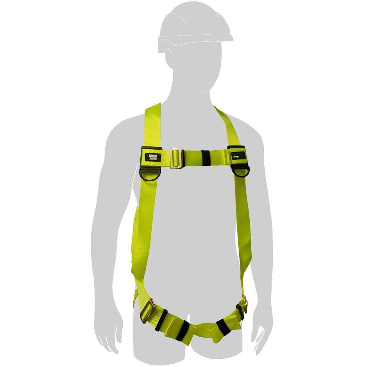 Miller H100 full body safety harness in vibrant yellow-green webbing – 5-point adjustment, steel dorsal D-ring, integrated fall indicator, EN361:2002 certified fall arrest PPE