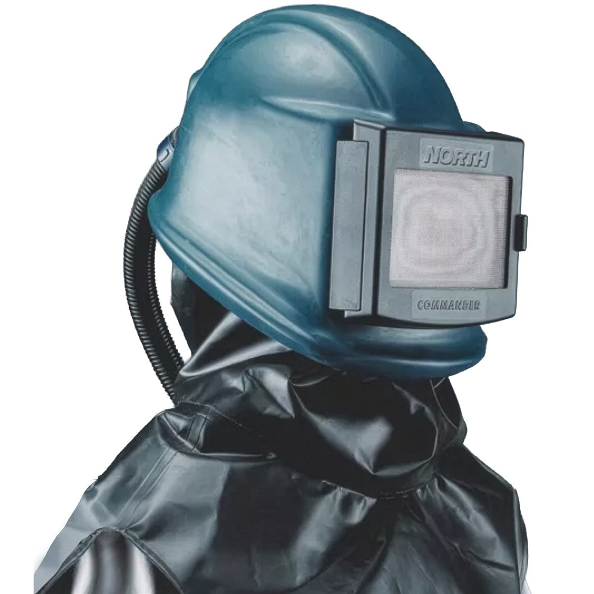 North Commander shotblasting helmet with bisonyl cape and supplied air hose A133230-00