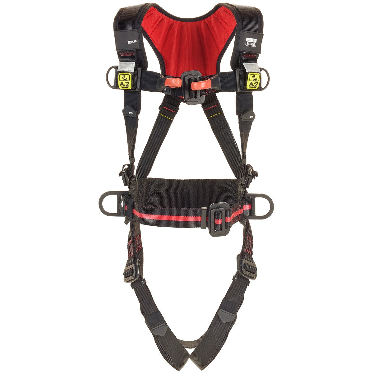 Miller H500 ARC Flash full body safety harness – dielectric hardware, arc flash resistant polyamide webbing, front web loops, back D-ring, removable shoulder padding, EN361 EN358 ASTM F887-20 certified electrical PPE