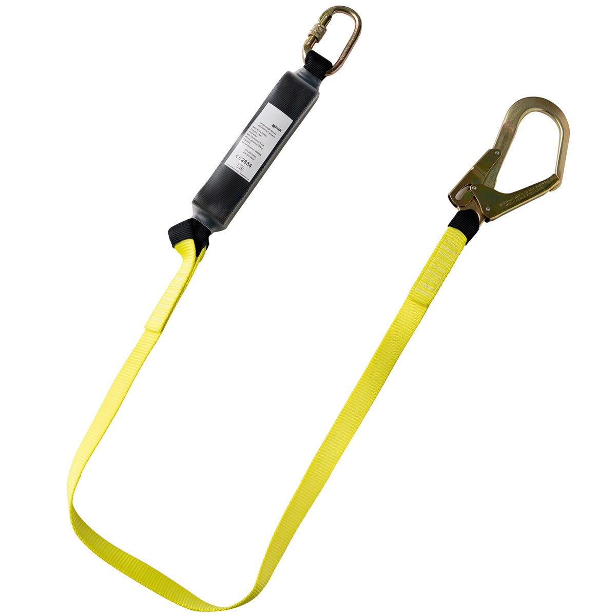 Miller H100 single shock-absorbing lanyard 1.8m with zinc-plated steel rebar hook and carabiner – yellow polyester webbing, EN354:2010 & EN355:2002 certified fall arrest PPE