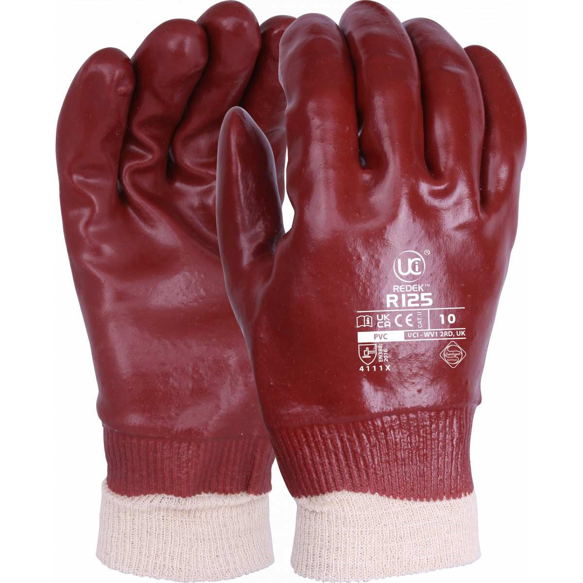 UCI Redek R125 Red PVC Fully Coated Knit Wrist Gloves – red PVC coating on cotton liner with knitted wrist cuff, EN388:2016 rated