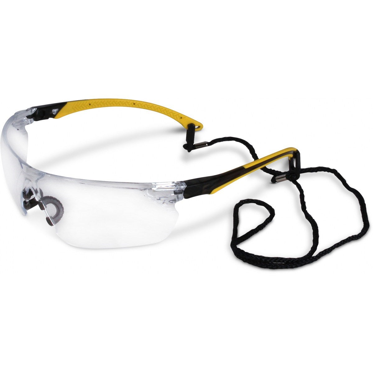 Tiran™ Yellow safety glasses with clear lens, pivotable yellow sidearms, soft TPR nose bridge and black neck lanyard – EN166:2001 1FT certified PPE eye protection
