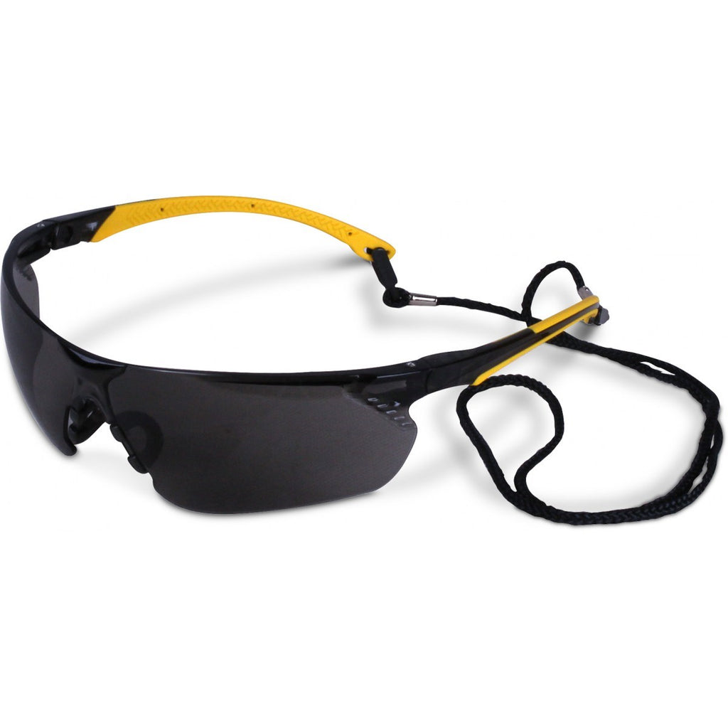 Tiran™ Yellow safety glasses with smoked lens, pivotable yellow sidearms, soft TPR nose bridge and black neck lanyard – EN166:2001 1FT certified PPE eye protection