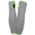 A pair of gray heathered compression sleeves with bright neon green trim, shown against a plain white background.