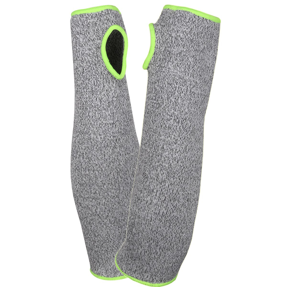 A pair of gray heathered compression sleeves with bright neon green trim, shown against a plain white background.