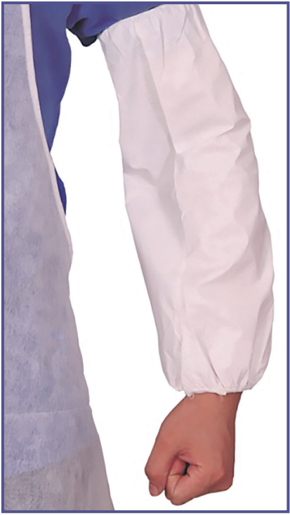 Traega DBX278 white Type 6B disposable oversleeve worn on arm, showing elasticated wrist and 40cm sleeve length
