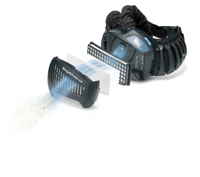 SWP Stealth PAPR blower showing the filter cover and separate filtration layers