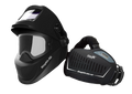 SWP Stealth-XG welding and grinding helmet with visor raised beside the PAPR blower unit