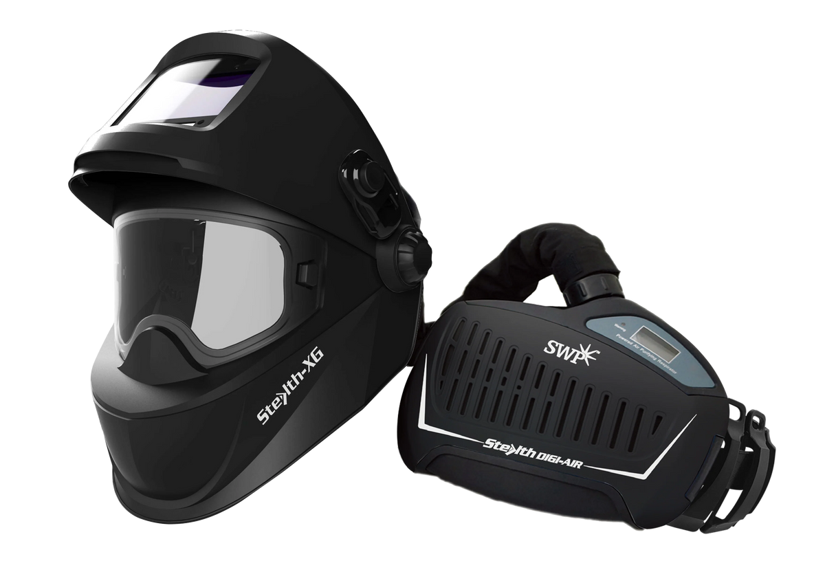 SWP Stealth-XG welding and grinding helmet with visor raised beside the PAPR blower unit