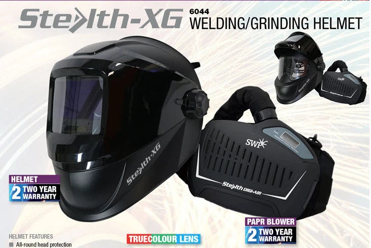 Stealth-XG welding and grinding helmet set shown on a light graphic background, including the black helmet with a dark visor, a black PAPR blower, and a small inset of the helmet from the front. Text highlights the Stealth-XG branding, welding/grinding use, two-year warranty, and true colour lens.