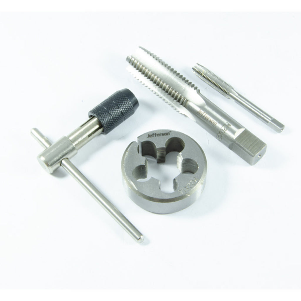 Jefferson 45 piece metric tap and die set in an open blue carry case