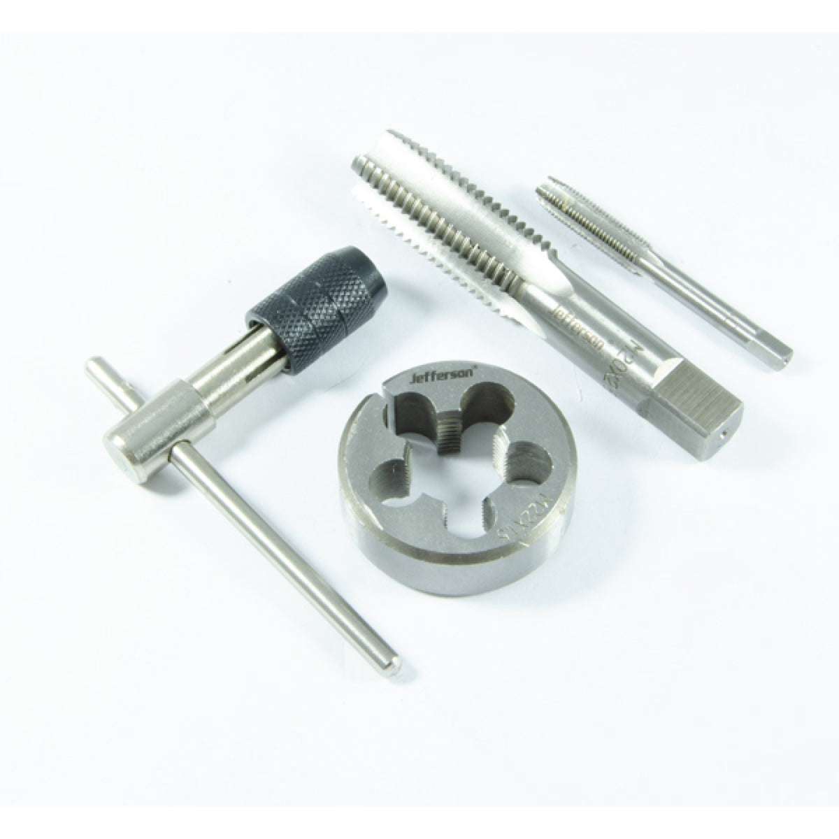Jefferson 45 piece metric tap and die set in an open blue carry case