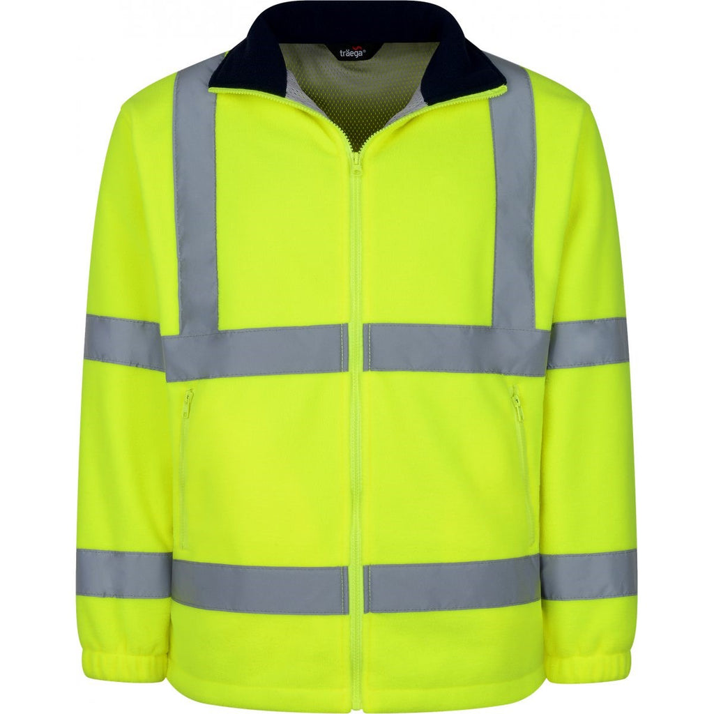 TFL01 hi-vis yellow polar fleece jacket front view with reflective bands and braces