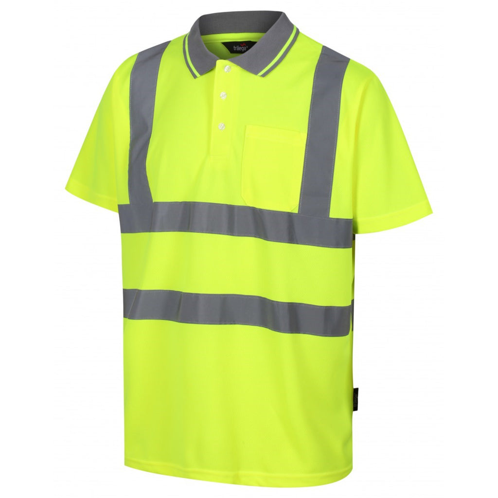 TPS01 hi-vis yellow polo shirt with grey collar and left breast pocket