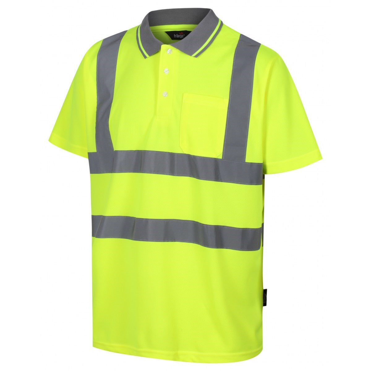 TPS01 hi-vis yellow polo shirt with grey collar and left breast pocket