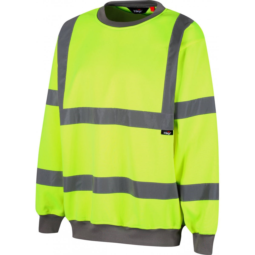 TSW12 hi-vis yellow sweatshirt side view with grey rib neck, cuffs and hem