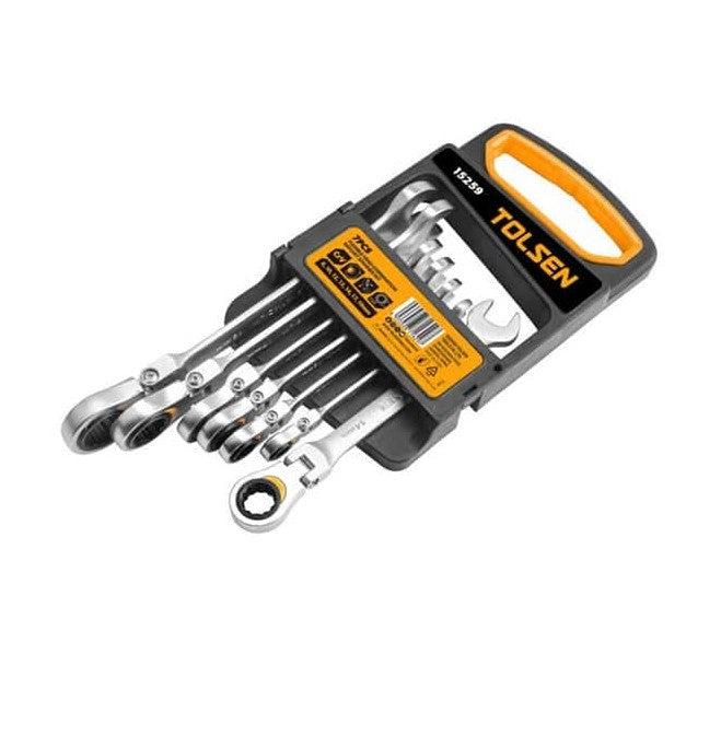 Diagonal view of Tolsen 15259 seven-piece flexible head combination ratchet spanner set in its plastic hanger on a white background