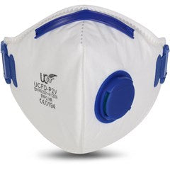 A white N95 face mask with blue valve and ear loops, featuring a printed U.S. CDC logo and model number LCCP-95.