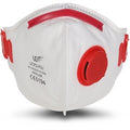 White N95 face mask with red valve and red ear loops, featuring a printed USF logo and CE 0194 certification on the front.