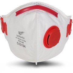 White N95 face mask with red valve and red ear loops, featuring a printed USF logo and CE 0194 certification on the front.