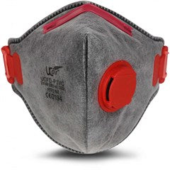 A gray N95 face mask with red elastic straps and a red valve, shown on a white background.