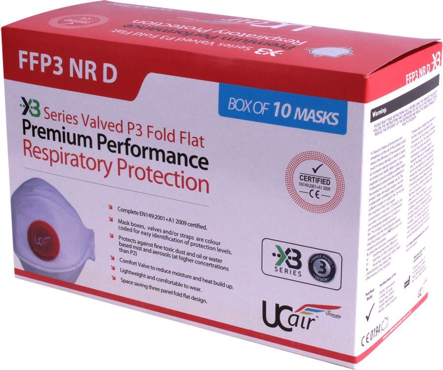 UCair UCFX3-P3V FFP3 NR D X3 Series valved fold flat respirator box of 10 masks EN149:2001+A1:2009