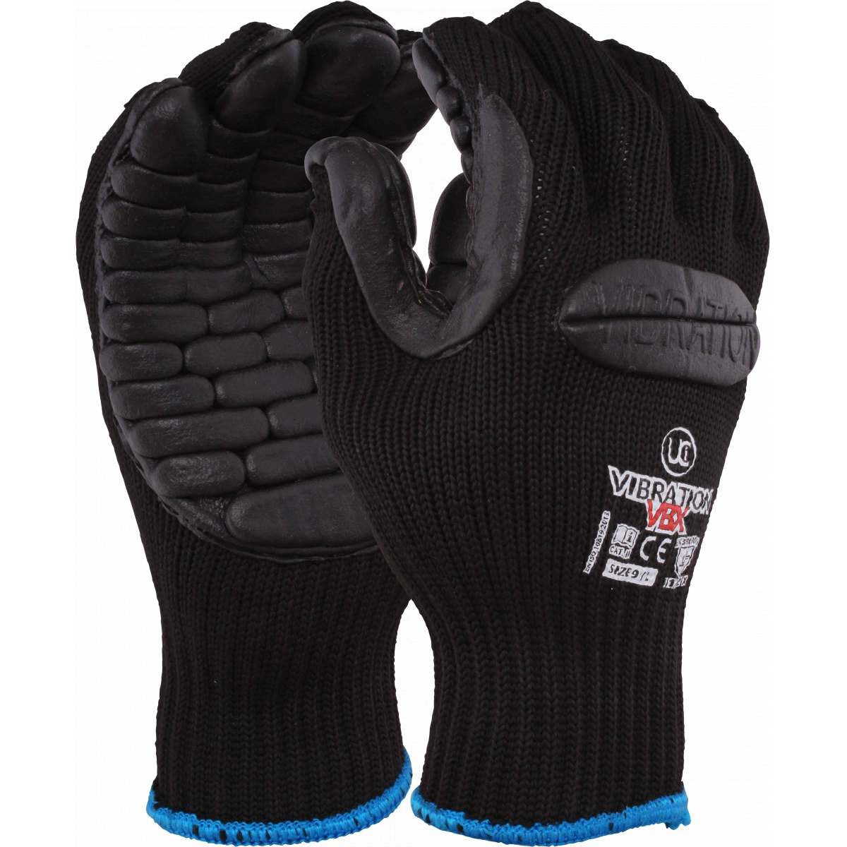 UCI Vibration-VBX Anti-Vibration Work Glove – black foam latex coated with segmented palm padding and blue knit cuff, EN ISO 10819 rated