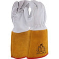 A pair of WG-TIG insulated welding gloves with white leather palms and cuffs, and a tan-yellow suede-like body, featuring a red trim at the bottom and black printed branding.