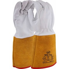 A pair of WG-TIG insulated welding gloves with white leather palms and cuffs, and a tan-yellow suede-like body, featuring a red trim at the bottom and black printed branding.