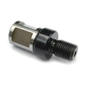 A metal mechanical component with a hexagonal silver body, a black threaded section, and a rectangular metallic insert, shown on a white background.
