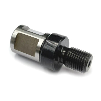 A metal mechanical component with a hexagonal silver body, a black threaded section, and a rectangular metallic insert, shown on a white background.
