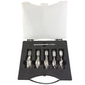 A set of five metal wood drill bits with silver fluted shanks and black collars, displayed in a black foam-lined case with a white plastic lid, on a white background.