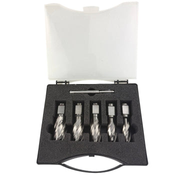 A set of five metal wood drill bits with silver fluted shanks and black collars, displayed in a black foam-lined case with a white plastic lid, on a white background.