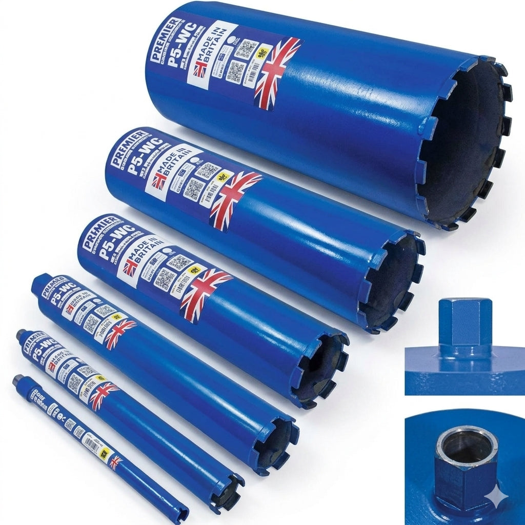 Premier P5-WC wet diamond core bit size range from small to large diameter, with close-ups of the 1¼" UNC threaded connection, Made in Britain