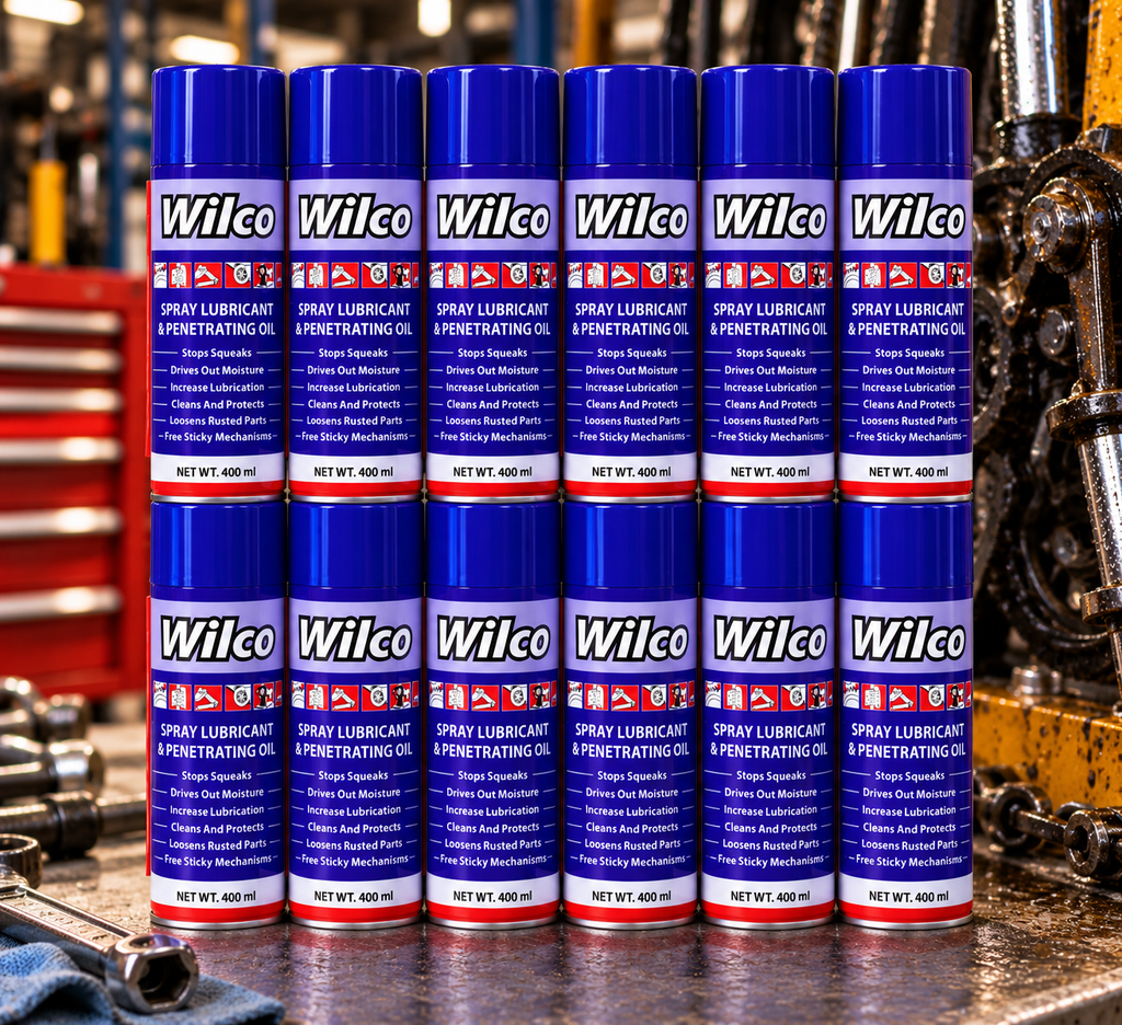 Twelve 400ml Wilco anti-rust lubricant aerosol cans displayed together, representing the box of 12 option