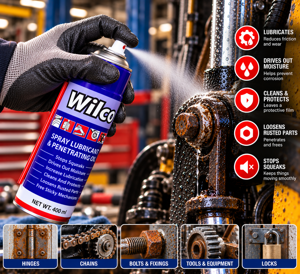 Wilco 400ml spray lubricant applied to machinery, with benefits and illustrated uses for hinges, chains, bolts, tools and locks
