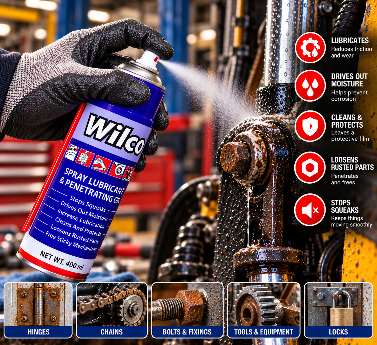 Wilco 400ml spray lubricant applied to machinery, with benefits and illustrated uses for hinges, chains, bolts, tools and locks