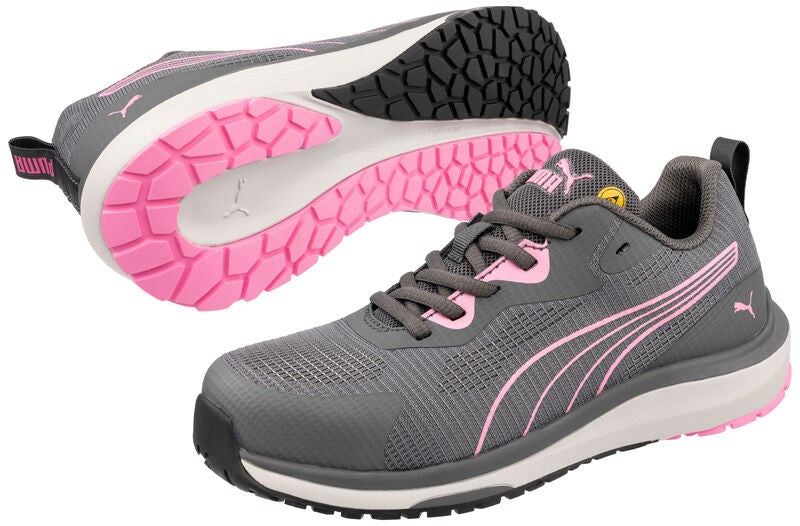 PUMA Safety Celerity Knit Pink Low S1PS ESD safety shoe grey pink pair with sole view