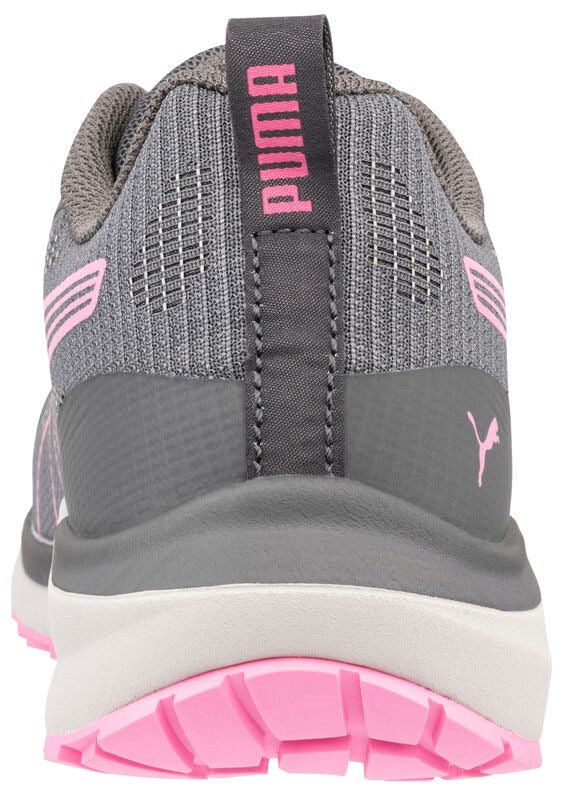 PUMA Safety Celerity Knit Pink Low S1PS ESD safety shoe rear view showing PUMA branding and padded collar