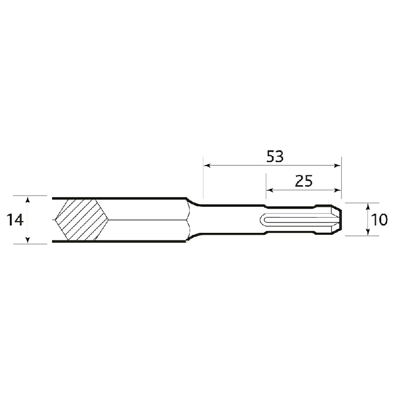 Castle Brooke SDS Plus chisel technical drawing showing 10mm tip, 14mm body, 53mm SDS engagement zone and 25mm retainer groove