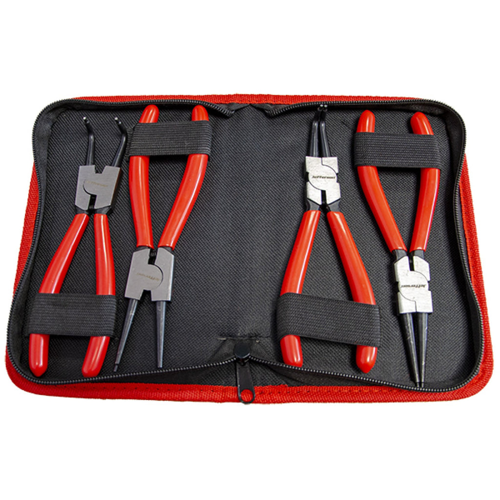 Jefferson four piece circlip plier set in an open zipped storage case