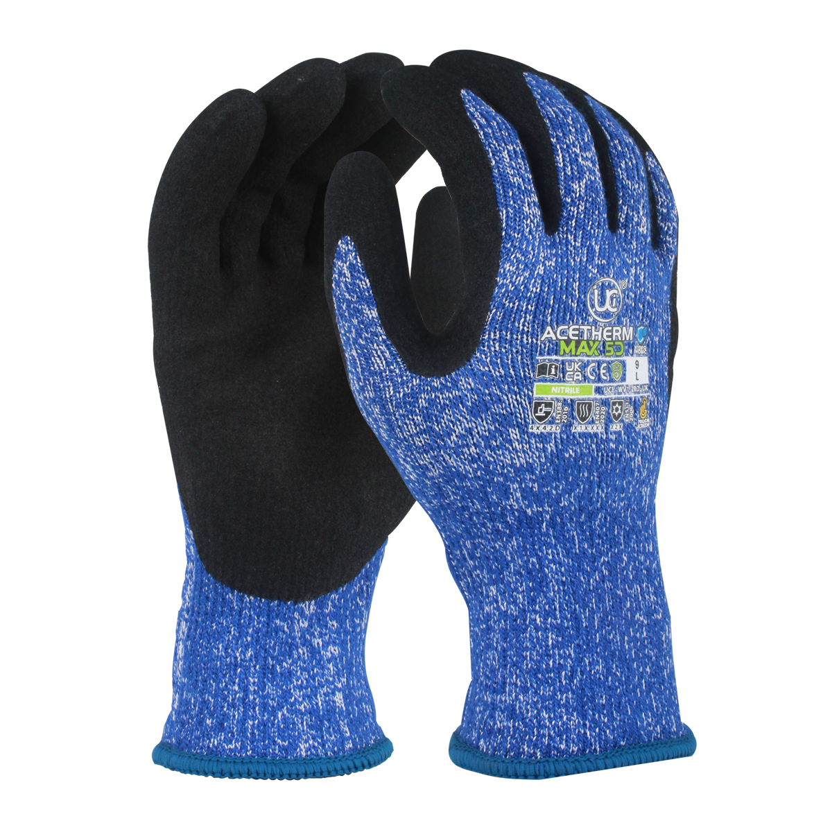 AceTherm Max-5D blue and black thermal cut-resistant glove with sandy nitrile coating