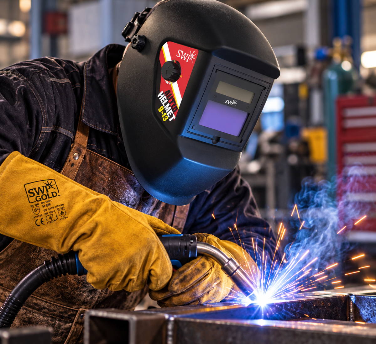 Welder wearing SWP 3037 black auto-darkening helmet while welding steel in a workshop