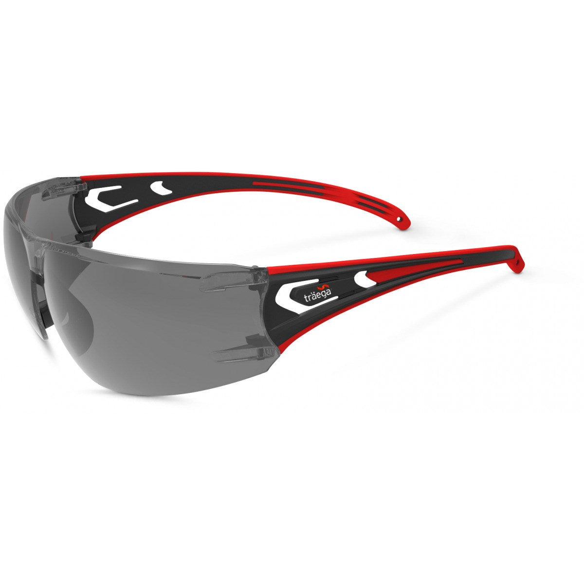 HANO safety specs with smoked grey lens and red/black frame by Träega