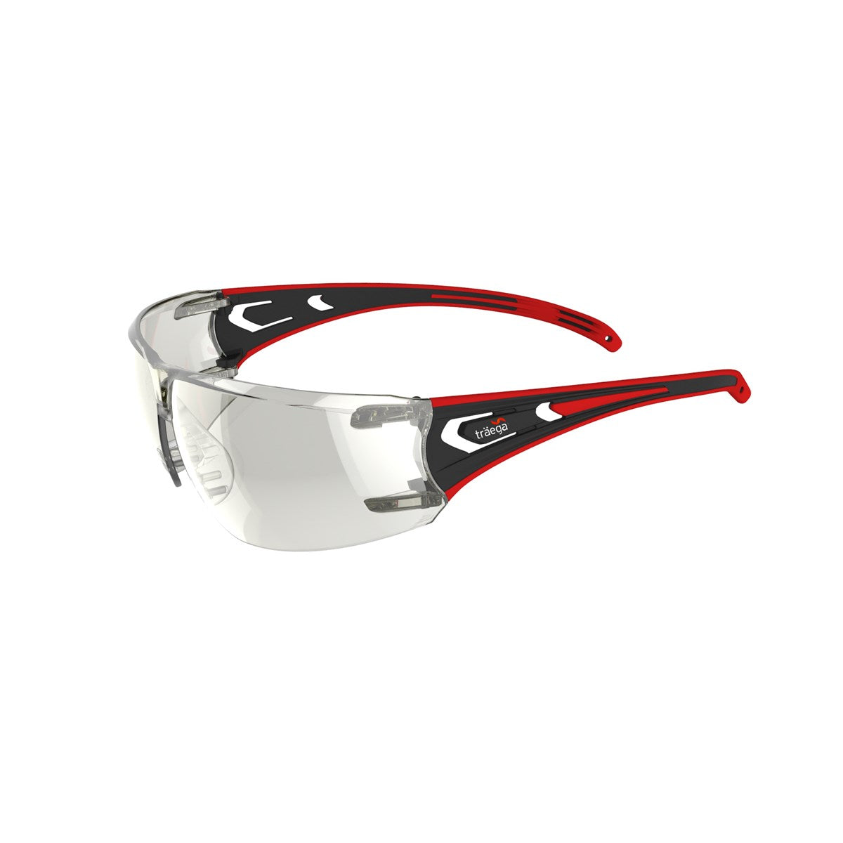HANO safety specs with clear lens and red/black frame by Träega - side view