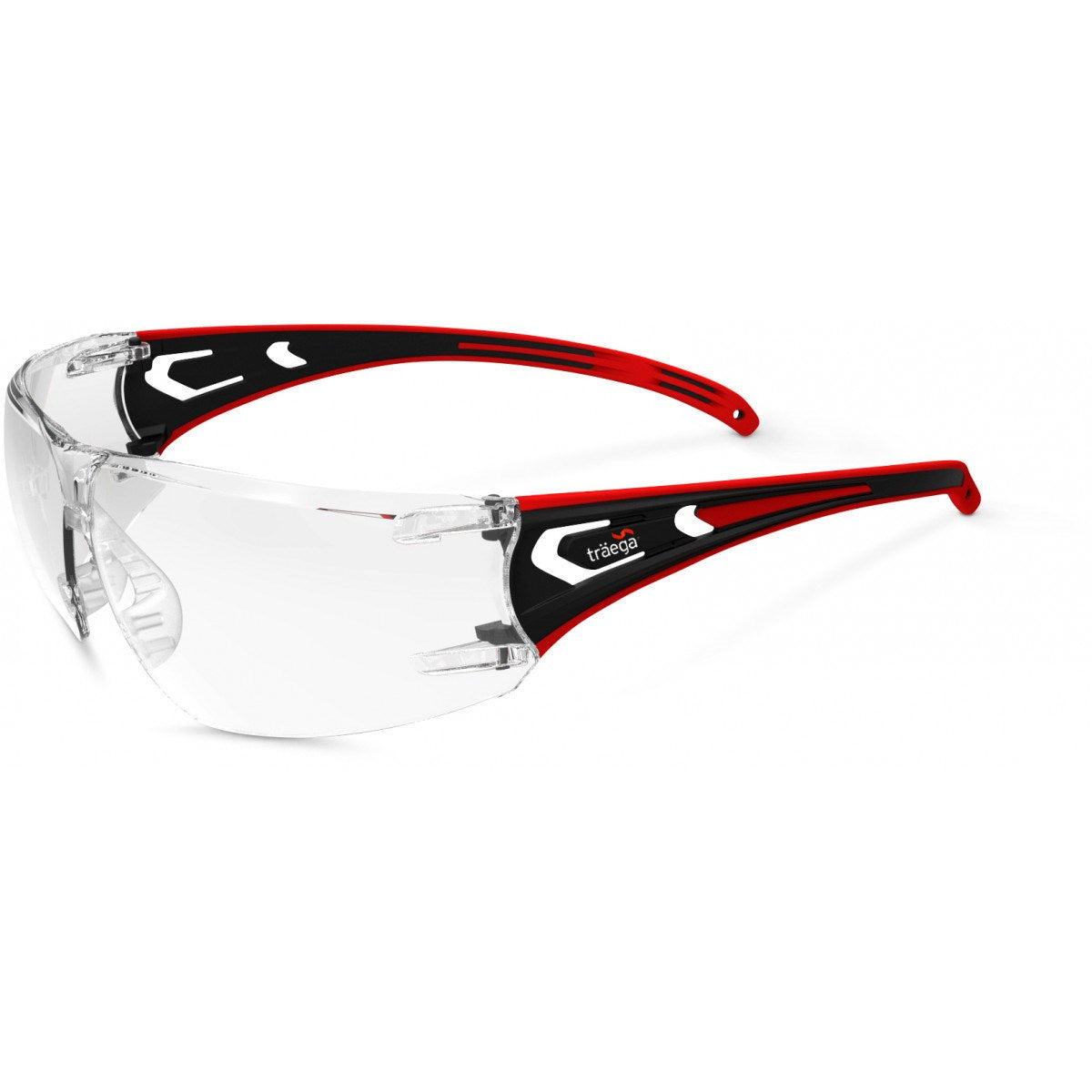 HANO safety specs with clear lens and red/black frame by Träega - front angle view